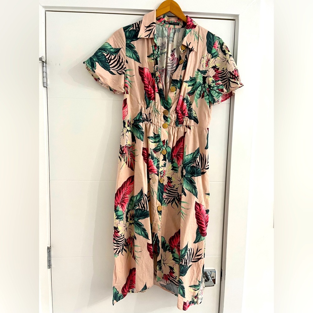 Zara Hawaiian print linen shirt dress